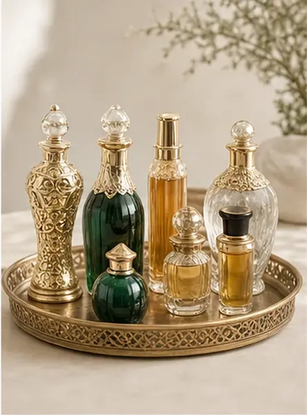 Luxury attar and fragrance bottles on brass tray